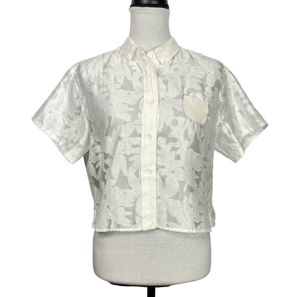 Evidence | White Sheer Floral Button Semi Cropped Camp Shirt Blouse - Picture 1 of 10